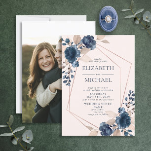 Invitation Rose Gold Dusty Rose Navy Floral Photo géométrique