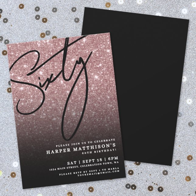 Invitation Rose Gold Élégant 60e Anniversaire (Elegant Rose Gold 60th Birthday Invitation)