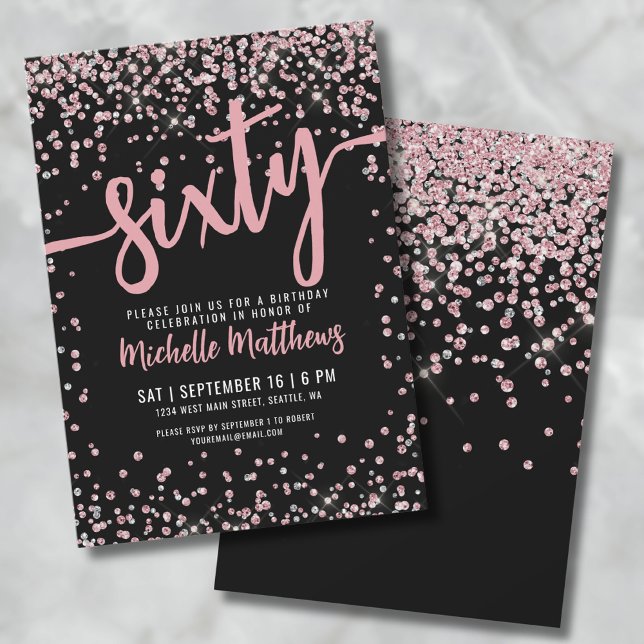 Invitation Rose Gold Élégant 60e Anniversaire (Rose Gold Glitter 60th Birthday Invitation)