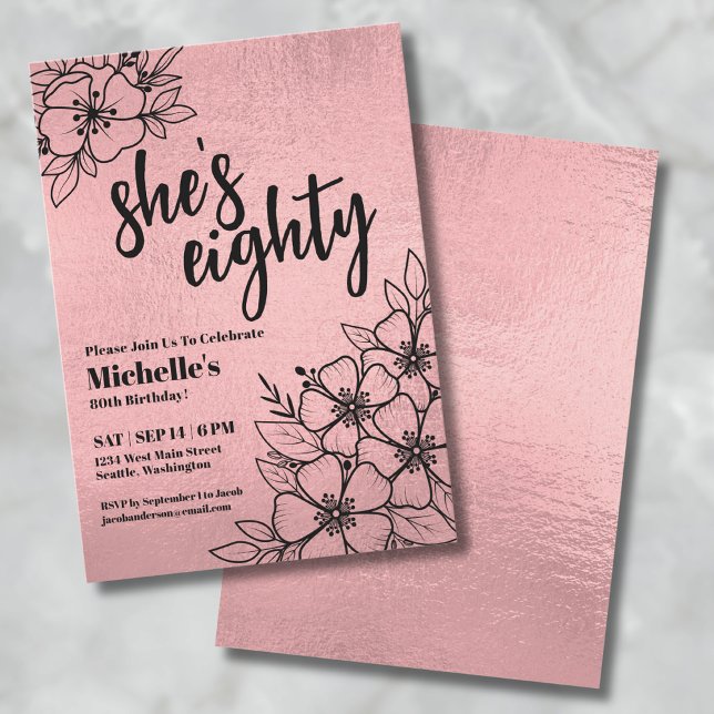 Invitation Rose Gold Élégant 80e Anniversaire Fête (Rose Gold Floral 80th Birthday Party Invitation)