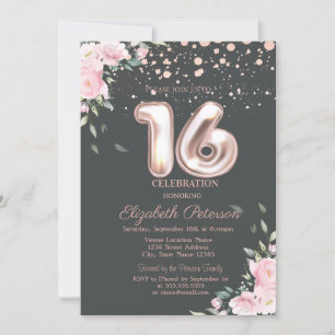 Invitation Rose Gold élégant à points, Floral Sweet 16 