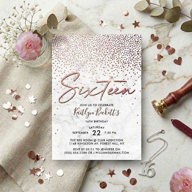 Invitation Rose Gold Élégant & Marbre 16e Anniversaire (Créateur téléchargé)