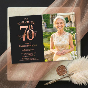 Invitation Rose Gold Élégant Photo Surprise 70 ans Anniversai