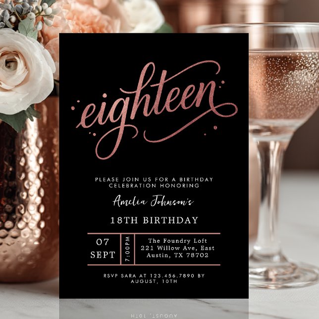 Invitation Rose Gold Élégant pour 18 ans  (Eighteen and elegant ✨ Celebrate in style with this luxe rose gold and black birthday invite.)