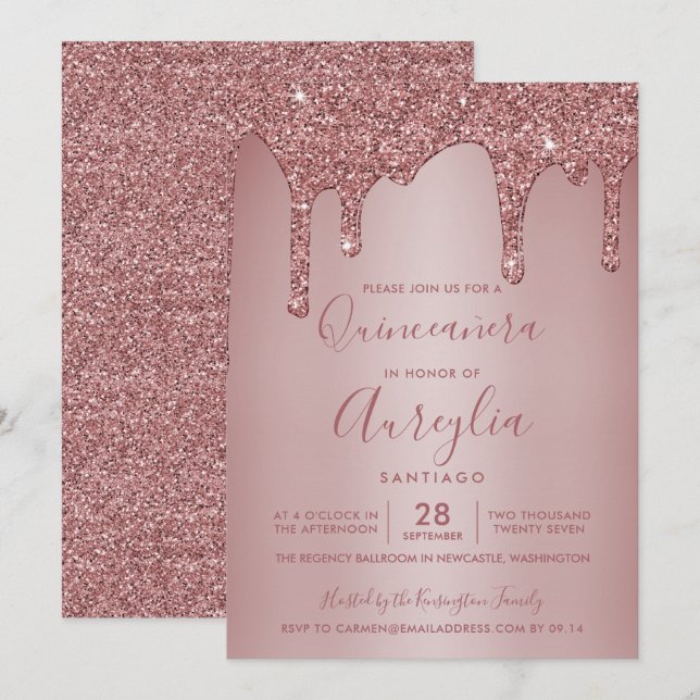 Invitation Rose Gold Éperche Parties scintillant Drives Quinc (Devant / Derrière)