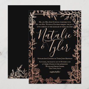 Invitation Rose Gold et Black Floral Sketch Frame Classic