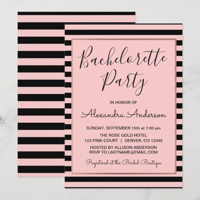 Invitation Rose Gold et Black Stripe Bachelorette Party (Devant / Derrière)