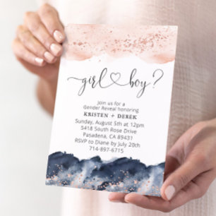 Invitation Rose Gold et bleu marine Aquarelle Révélation de g