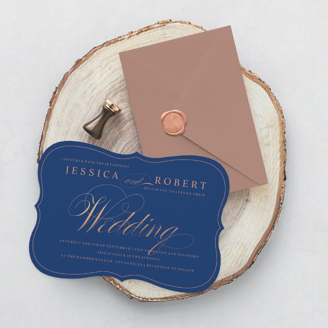Invitation Rose Gold et bleu marine Elegant Script Mariage (Créateur téléchargé)