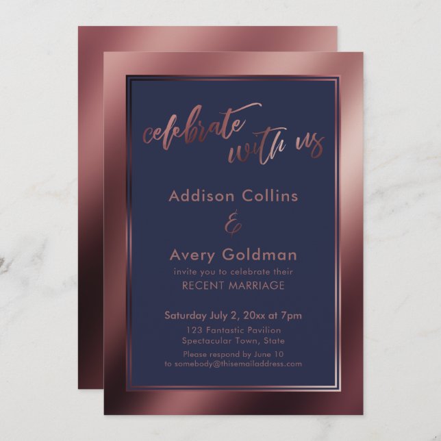 Invitation Rose Gold et Bleu Nuit Foncé Célébrez avec Nous (Devant / Derrière)