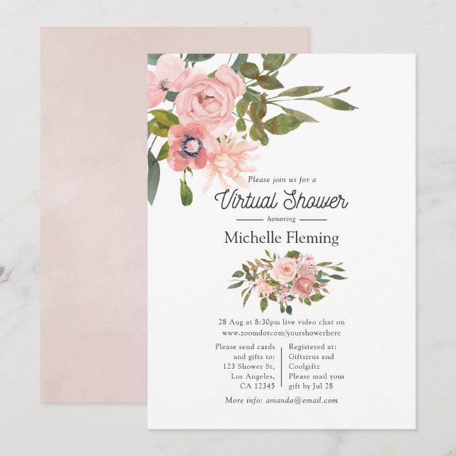 Invitation Rose Gold et Blush Floral Baby shower virtuel (Devant / Derrière)