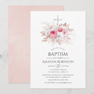 Invitation Rose Gold et Blush Floral Baptême ou Christening