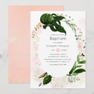 Invitation Rose Gold et Blush Géométrique Baptême de verdure