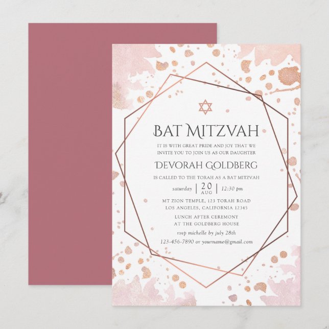 Invitation Rose Gold et Blush Géométrique Bat Mitzvah (Devant / Derrière)