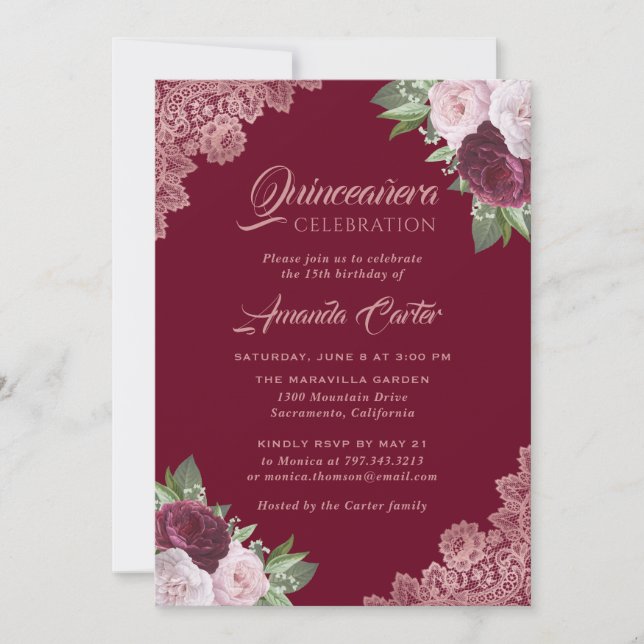 Invitation Rose Gold et Bourgogne Quinceañera 15e anniversair (Devant)