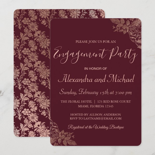 Invitation Rose Gold et Burgundy Roses (Devant / Derrière)