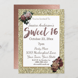 Invitation Rose Gold et Faux Parties scintillant Floral Sweet