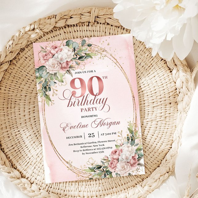 Invitation Rose Gold et Floral Vert 90e Anniversaire  (Timeless Blush Pink Gold Greenery 90th Birthday Invite)