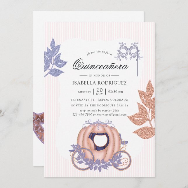 Invitation Rose Gold et Lilac Parties scintillant Princesse Q (Devant / Derrière)
