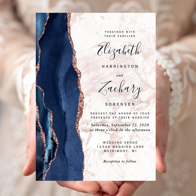 Invitation Rose Gold et Nacre Bleu Marine Mariage (Créateur téléchargé)