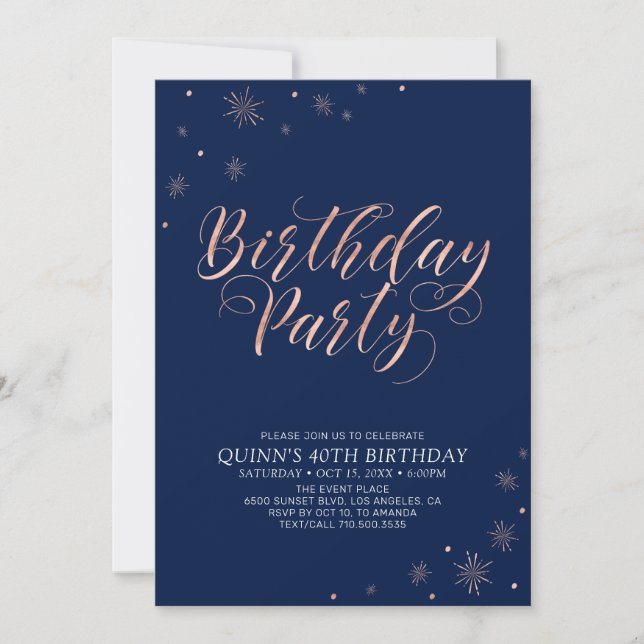 Invitation Rose Gold et Navy Élégance Moderne pour Anniversai (Devant)