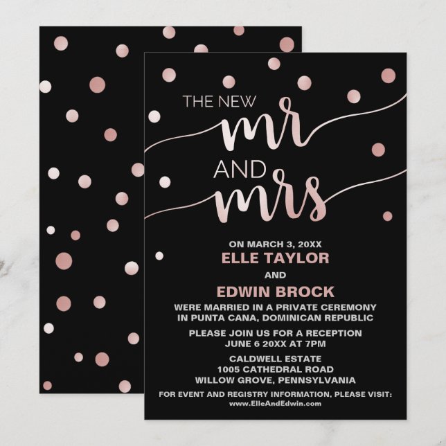 Invitation Rose Gold et Noir | Réception de Mariage Intime Gl (Devant / Derrière)