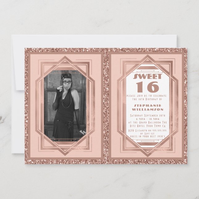 Invitation Rose Gold et Paillettes Gatsby Art Déco pour les 1 (Devant)