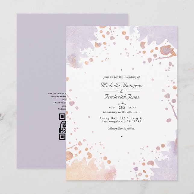 Invitation Rose Gold et Pastel Purple Paint QR Code Mariage (Devant / Derrière)