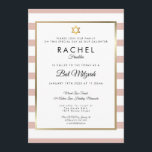 Invitation Rose Gold et Rayure Blanche pour Bat Mitzvah<br><div class="desc">Avec un fond classique de rose gold et de rayure blanche,  cette invitation de Bat Mitzvah élégante présente une bordure élégante en faux foil doré encadrant vos détails dans une typographie chic. Conçue par Thisisnotme©</div>