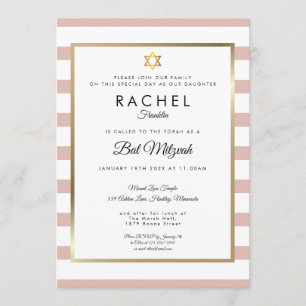 Invitation Rose Gold et Rayure Blanche pour Bat Mitzvah