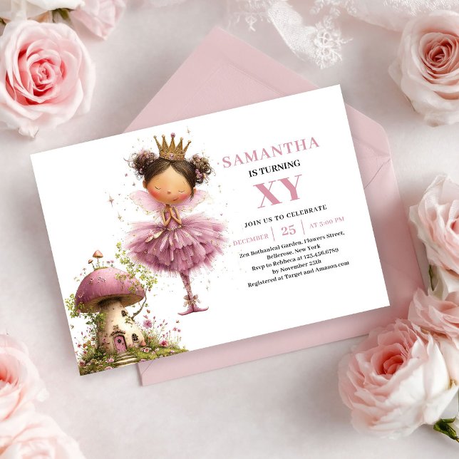 Invitation Rose Gold et Rose pour les 5 ans de la  (Cute Fairy Girl 5th Birthday Pink Rose Gold invitation)