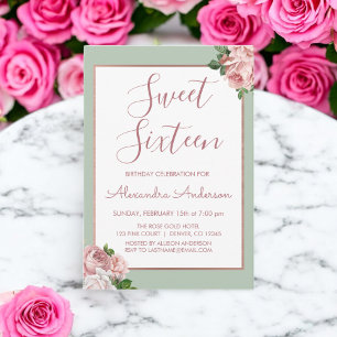 Invitation Rose Gold et Sage Floral Sweet sixteen Anniversair