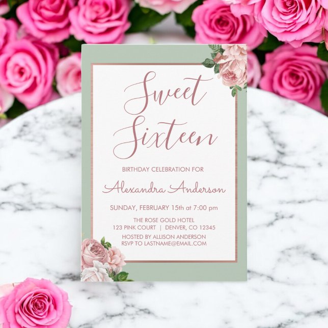 Invitation Rose Gold et Sage Floral Sweet sixteen Anniversair (Créateur téléchargé)