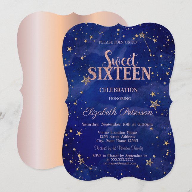 Invitation Rose Gold Étoiles Chic Bleu Marine  Douce 16 (Devant / Derrière)