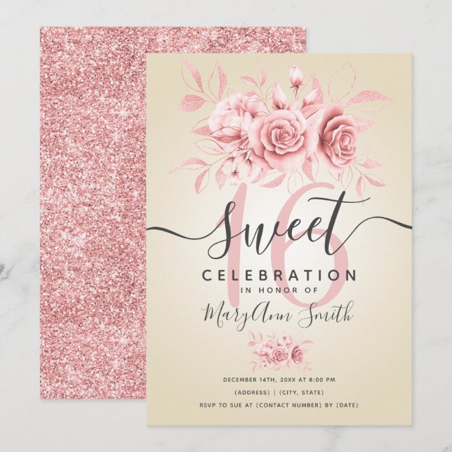 Invitation Rose Gold Fab Parties scintillant florale 16ème an (Devant / Derrière)