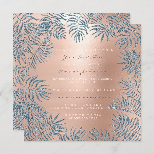 Invitation Rose Gold Fard à Paupières Pailleté Floral Bleu Ro (Devant / Derrière)