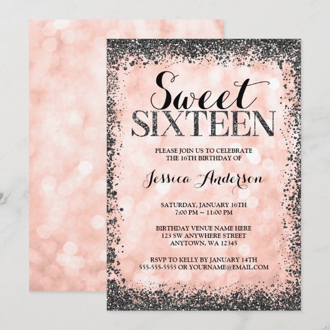 Invitation Rose Gold Faux Black Parties scintillant Lights Sw (Devant / Derrière)
