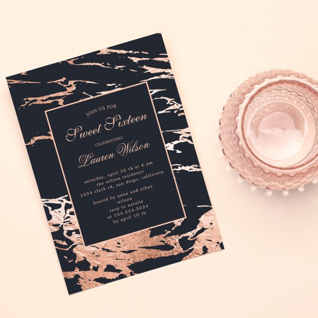 Invitation Rose Gold Faux Foil Marbre Sweet sixteen (Créateur téléchargé)