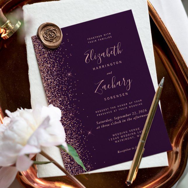 Invitation Rose Gold Faux Pailleté Mariage Violet Foncé (Créateur téléchargé)