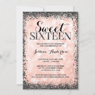 Invitation Rose Gold Faux Paillettes Noires Lumières Sweet 16