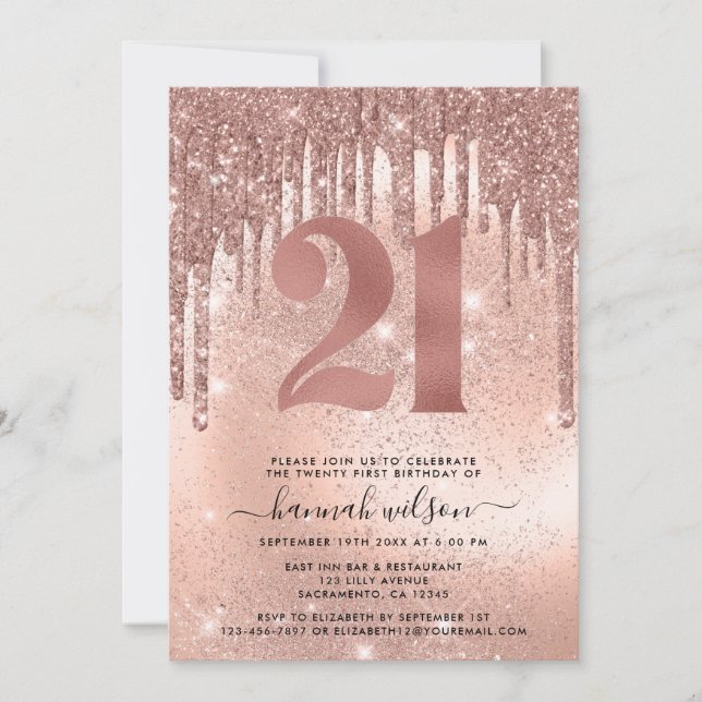 Invitation Rose Gold Faux Parties scintillant et Foil fête 21 (Devant)