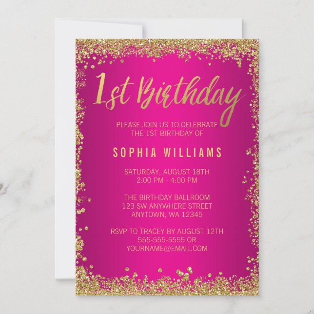 Invitation Rose Gold Faux Parties scintillant fille 1er anniv (Devant)