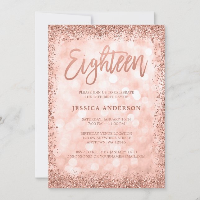 Invitation Rose Gold Faux Parties scintillant Lumières 18e an (Devant)