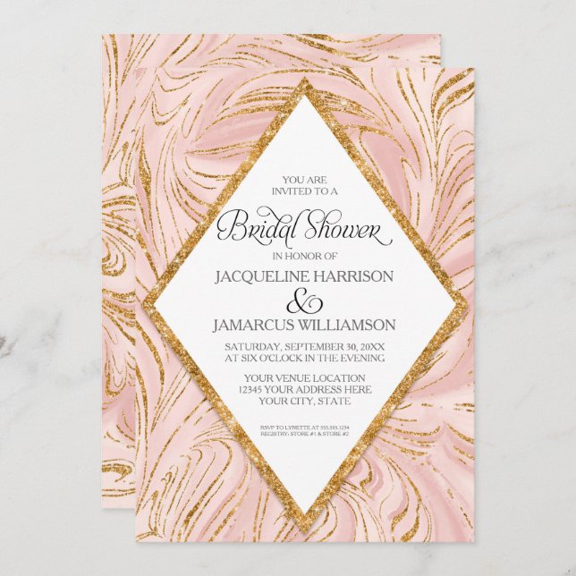 Invitation Rose Gold Faux Parties scintillant Marble Blush Fê (Devant / Derrière)