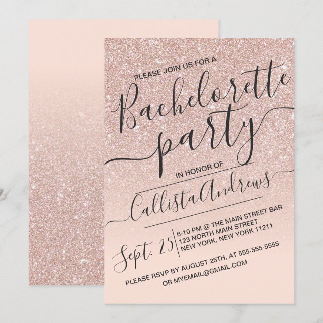 Invitation Rose Gold Faux Parties scintillant Sparkly Ombre B (Devant / Derrière)