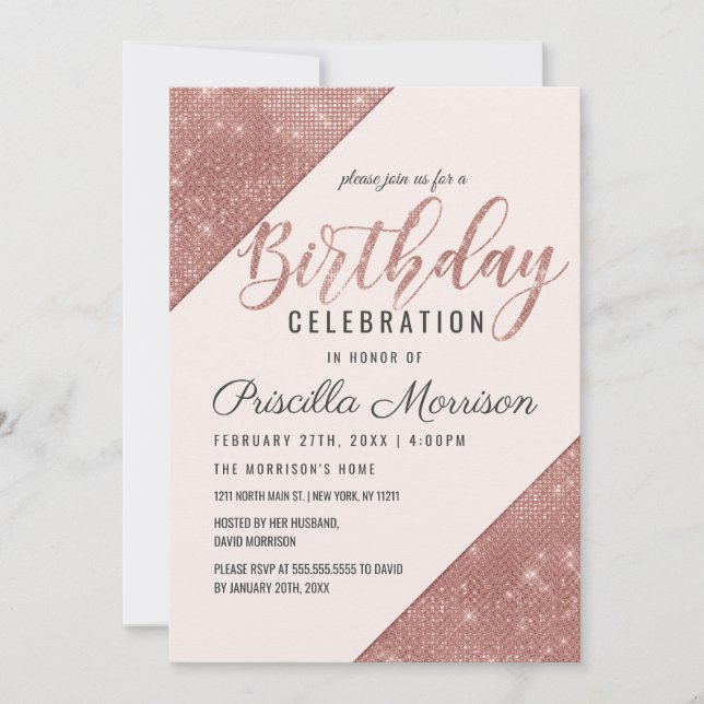Invitation Rose Gold Faux Sparkling Parties scintillant Sequi (Devant)