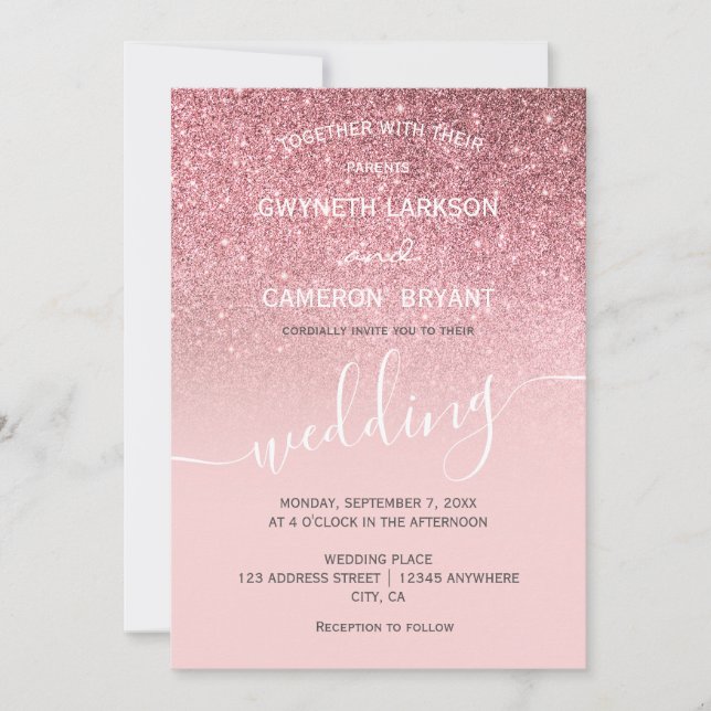 Invitation Rose gold féminin pailleté écriture moderne (Devant)