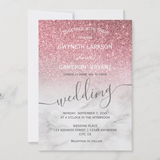 Invitation Rose Gold Féminin Paillettes Marbre Moderne (Devant)