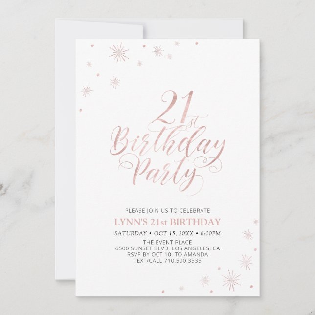 Invitation Rose Gold | Fête d'anniversaire 21 ans Typographie (Devant)