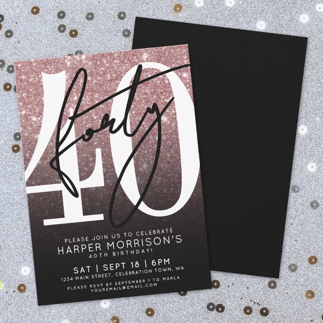 Invitation Rose Gold Fête d'anniversaire 40 ans Paillettes ro (Rose Gold Pink Glitter 40th Birthday Invitation)